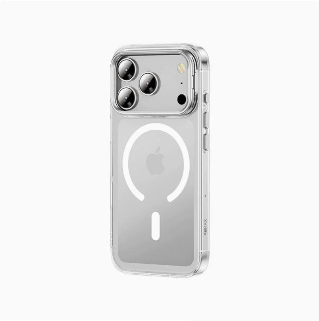 A phone case for iPhone 17 Pro Max with a stand and camera control cover, MagSafe compatible, shockproof magnetic case, and scratch-resistant (silver).