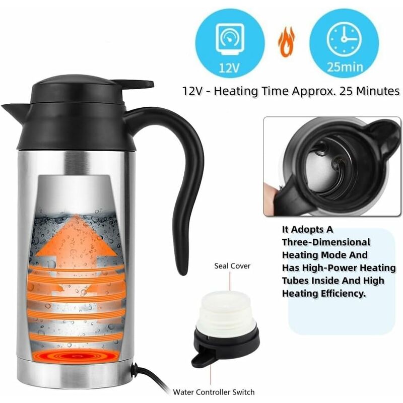 750Ml Portable Stainless Steel Electric Travel Kettle, 12V Car Cigarette Lighter, Electric Travel Mug Heating Kettle