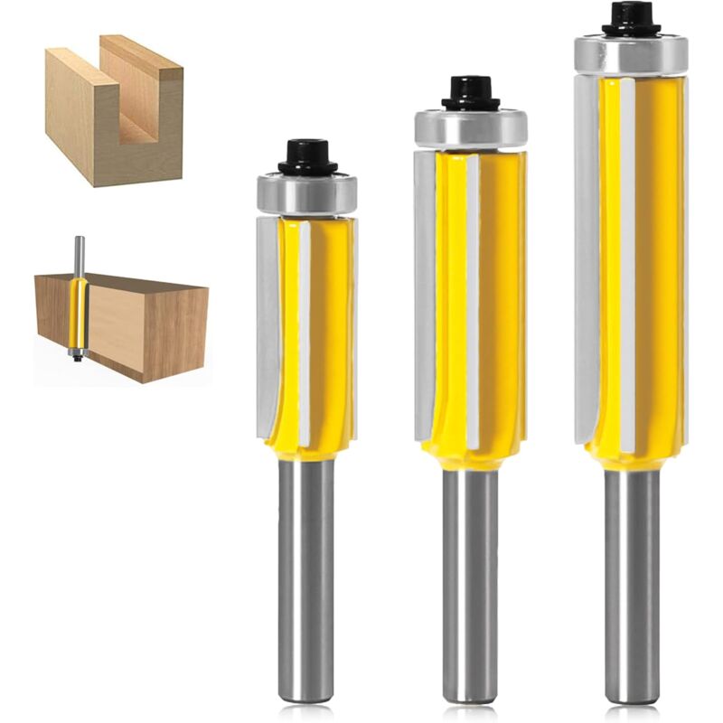 3 pcs ROuter Bit, 4 Flute Shank Copy Cutter With Top Bearing Straight Flush Trim Bit Carbide Woodworking Milling Cutter