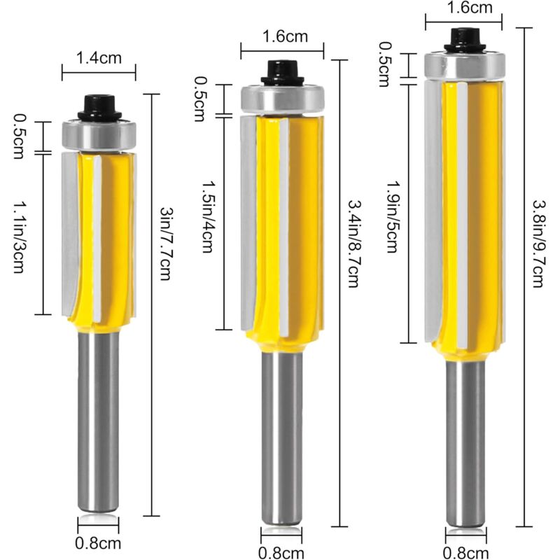 3 pcs ROuter Bit, 4 Flute Shank Copy Cutter With Top Bearing Straight Flush Trim Bit Carbide Woodworking Milling Cutter