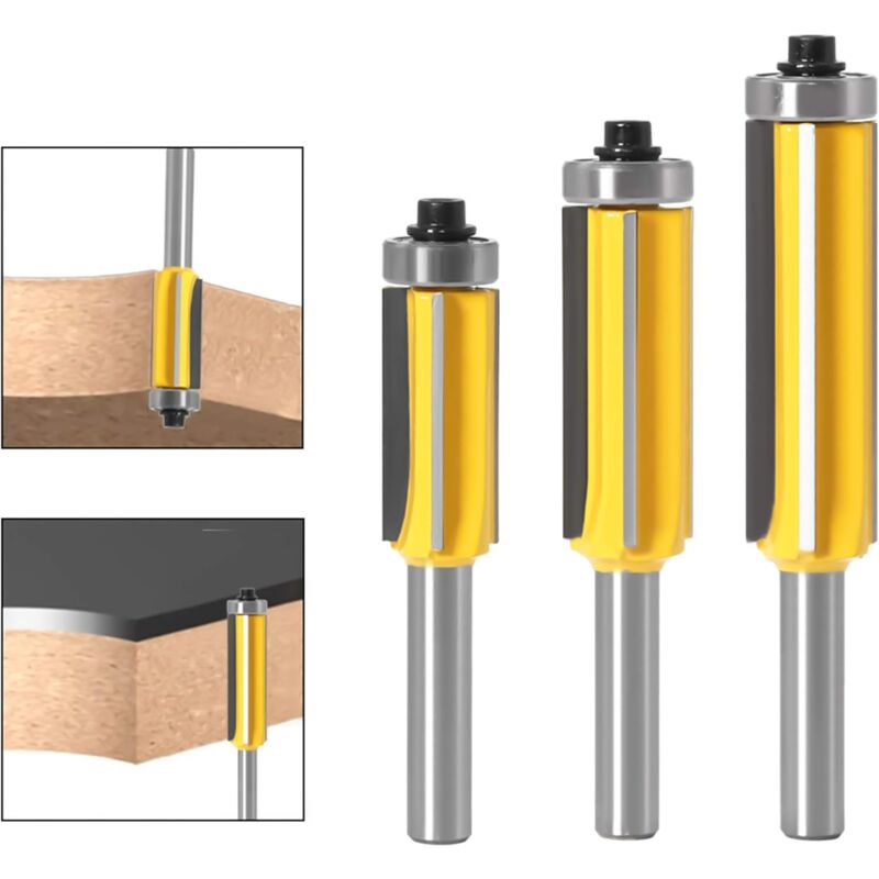 3 pcs ROuter Bit, 4 Flute Shank Copy Cutter With Top Bearing Straight Flush Trim Bit Carbide Woodworking Milling Cutter