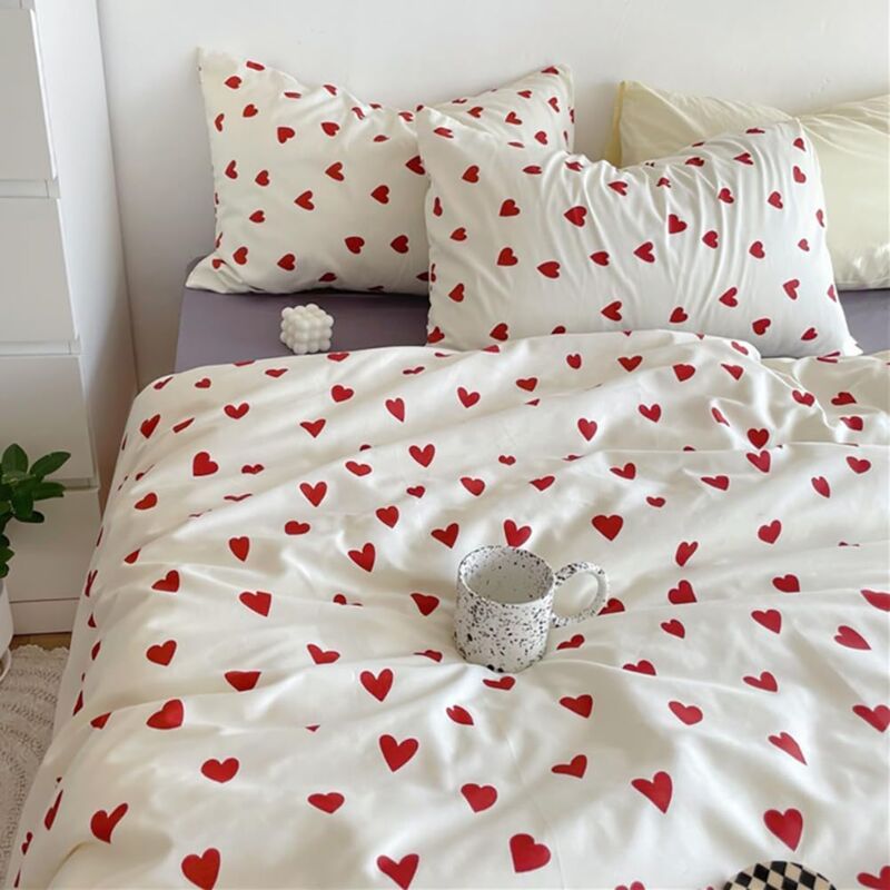 Heart Duvet Cover 200X230 Red With 2 Pillowcases 48X73 Cm - Red And White Microfiber Bedding Set - Adult Double Bed