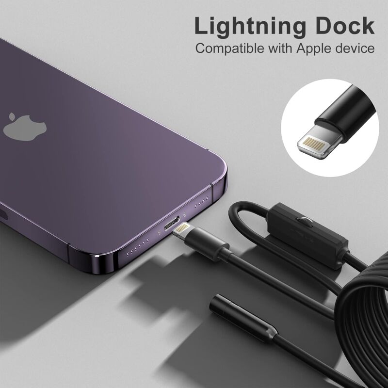 Endoscope For Iphone, Inspection Camera With 7.9Mm Lens For Iphone&Ipad, 5M Semi-Rigid Cable Borescope Ip68 Waterproof,