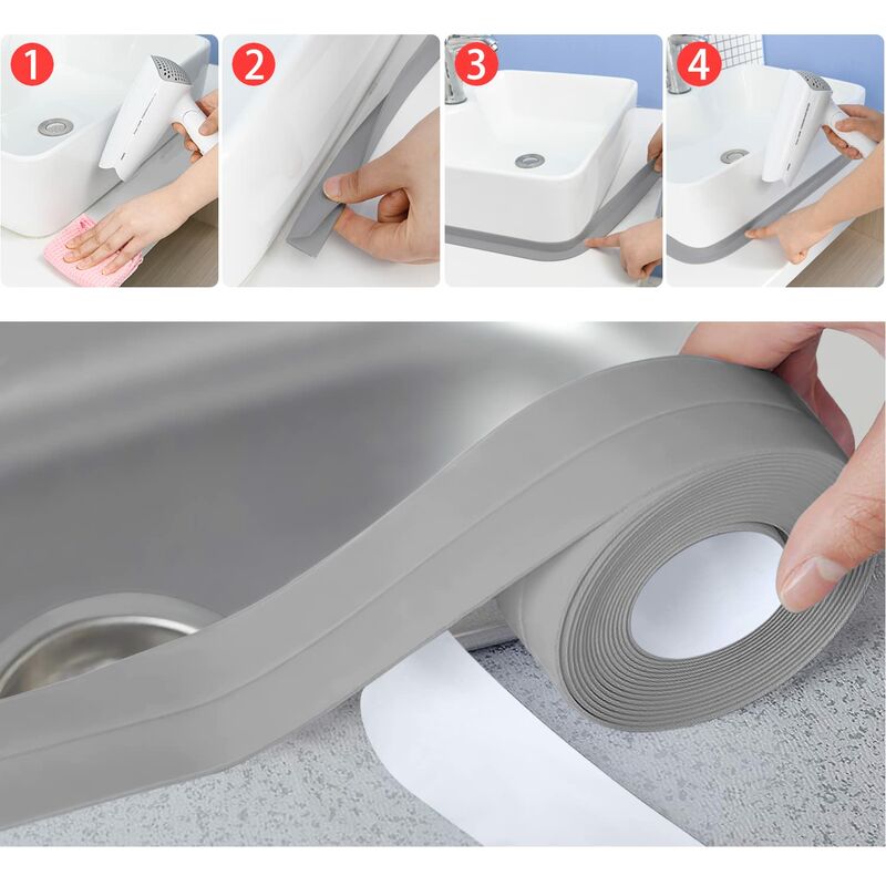 3 ROlls Waterproof Sealing Strip, Bathroom Seal, Pvc Self-Adhesive Caulking Tape For Kitchen, Toilet, Bathtub (Grey)