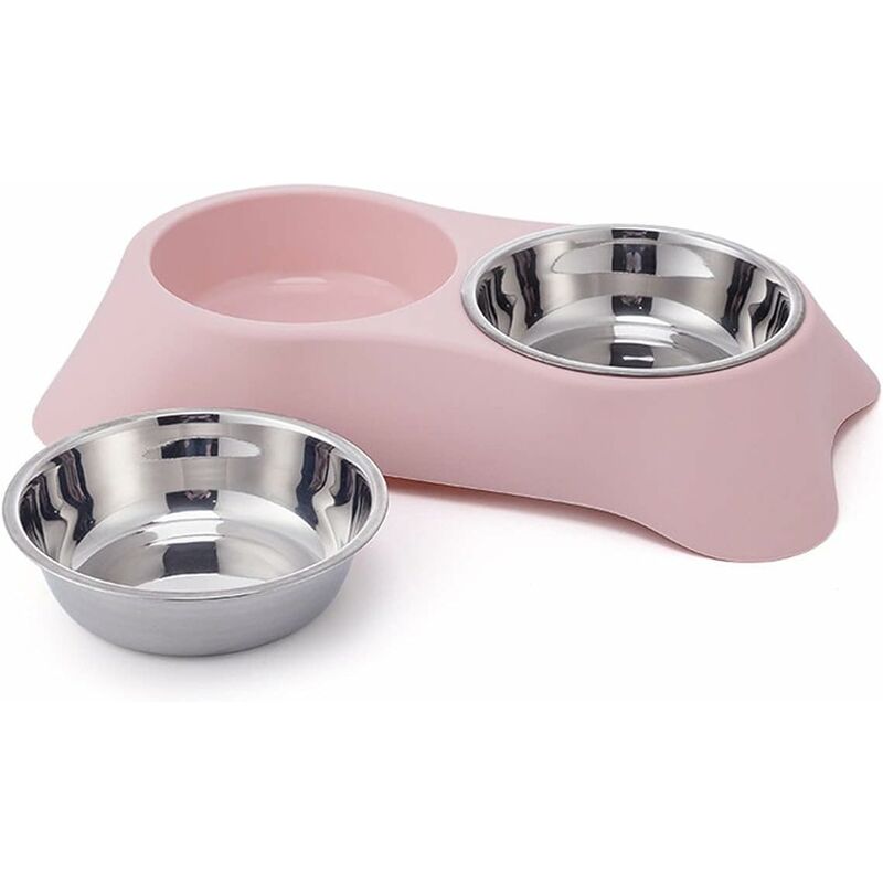 Double Dog Bowl, Non-Slip Stainless Steel Double Bowl With Spill Proof For Small Dogs And Cats (S, Pink)