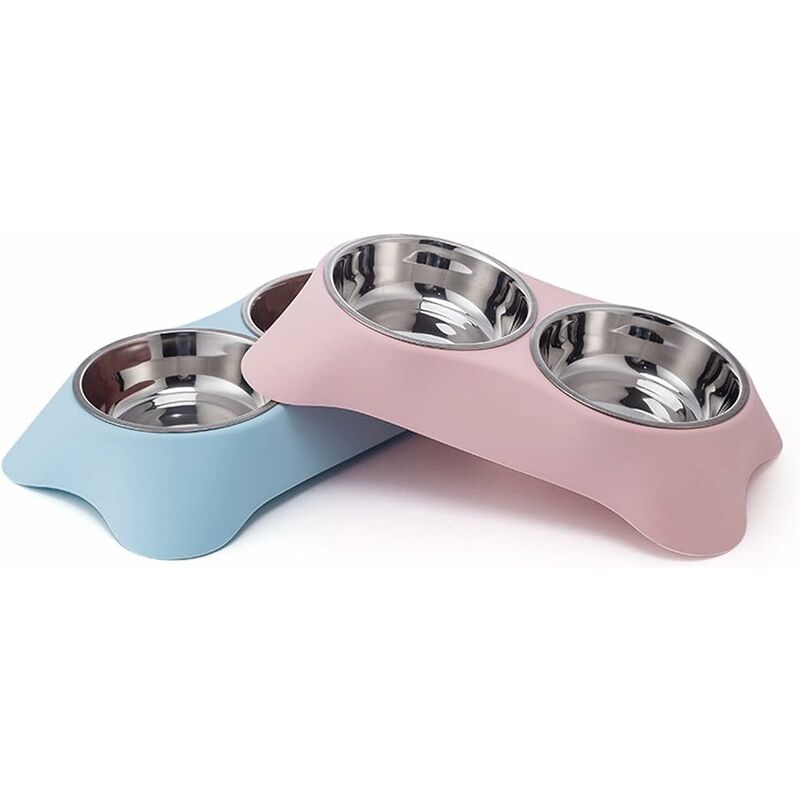 Double Dog Bowl, Non-Slip Stainless Steel Double Bowl With Spill Proof For Small Dogs And Cats (S, Pink)