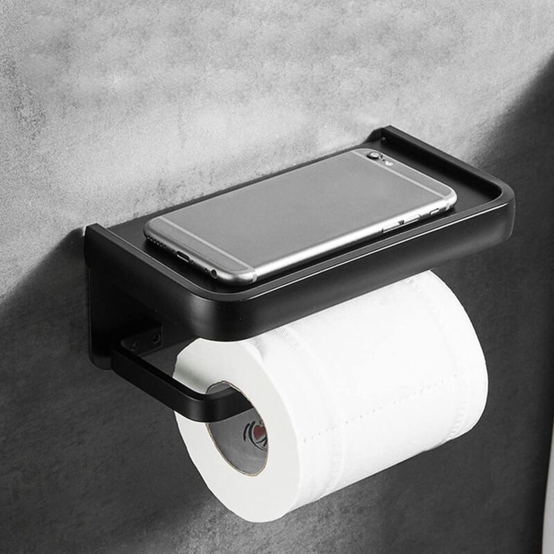 Wall Mounted Toilet Paper Holder Aluminum ROll Holder Toilet Paper Holder With Storage Shelf Black