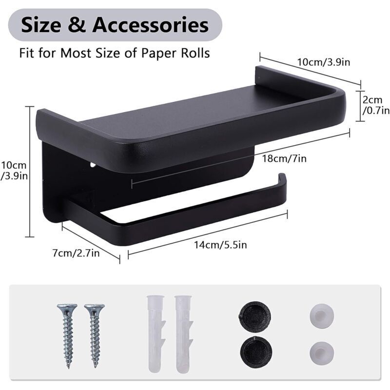 Wall Mounted Toilet Paper Holder Aluminum ROll Holder Toilet Paper Holder With Storage Shelf Black