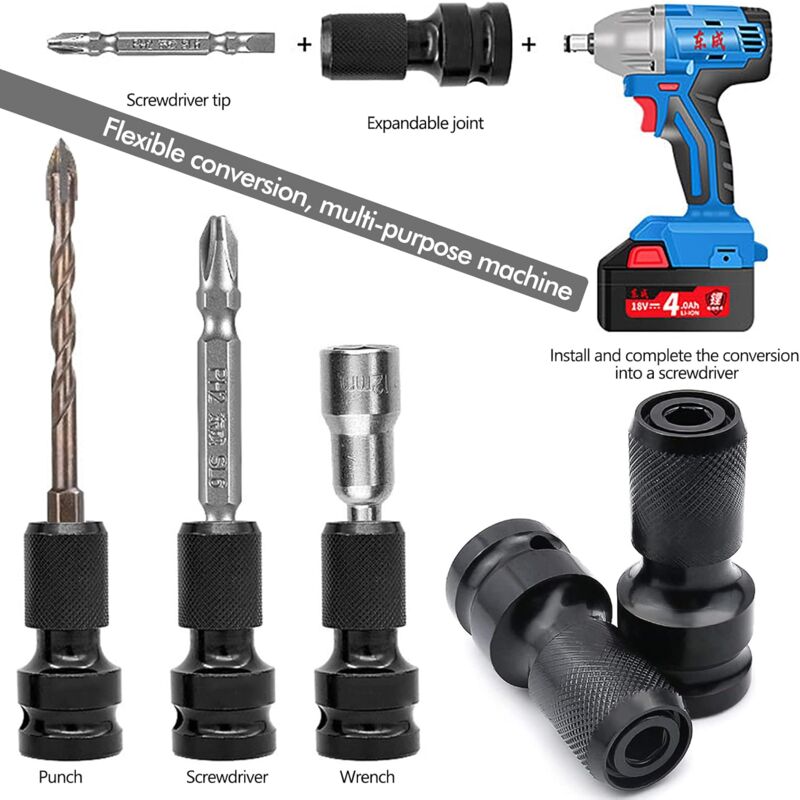 2 pcs Socket Adapters 1/2" Square Drive To 1/4" Impact Wrench Adapter Quick Release Converter For Impact Ratchet Wrench