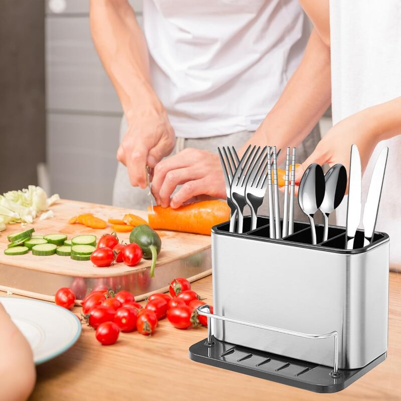 Cutlery Drainer, Fork Spoon Organizer Rack With 4 Compartments With Drainer, For Knife And Fork, Spoon, Sink Drying