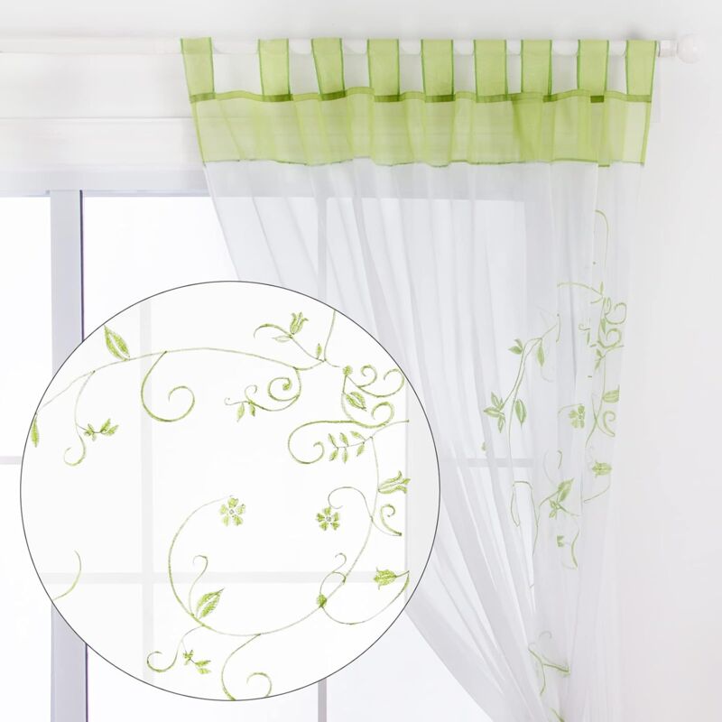 Sheer Curtains Floral Voile Embroidery Tab Top Window Panels For Bedroom Living ROom Decoration 2 Panels, Green, W140Cm