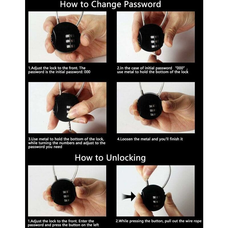 Security Padlock, Combination Lock Code Lock Travel Lock With Steel Cable 3 Digit Luggage Lock For Suitcases And