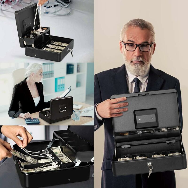 Lockable Metal Money Box Cash, Coin & Security Box Large Cash Box With Lock - New Metal Money Box - Black