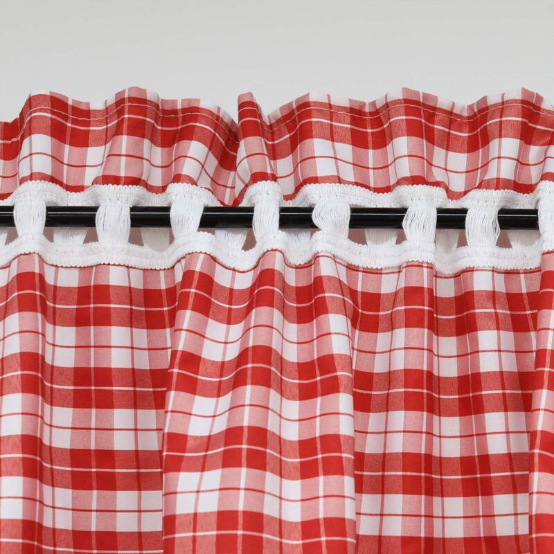 2 pcs Set Perforated Opaque Curtains With 2 Tiebacks Plaid Pattern Window Decoration For Bedroom Indoor Red H/W 120/80Cm