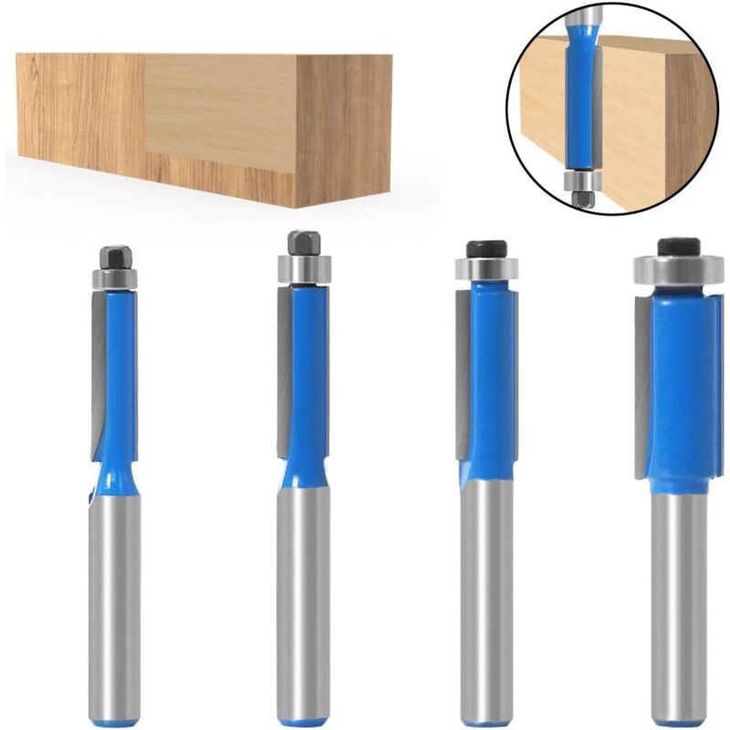 4 pcs 8Mm Copy Bit Diy Woodworking Milling Cutter Tools With Top Bearing, Flush Trim ROuter Bit Shank