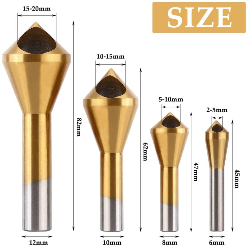 4 pcs Deburring Countersink Bit 90°Hss Titanium Coated Countersink Drill Bit Metal Chamfering Screw Tool Suitable For