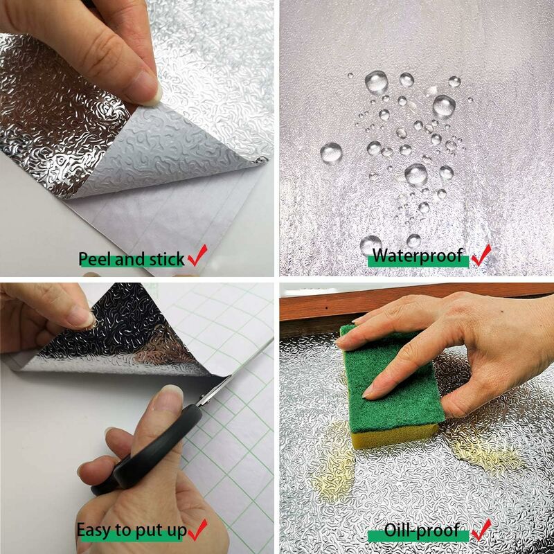 Silver Self Adhesive Vinyl Wallpaper Aluminum Foil Look Waterproof Greaseproof For Kitchen Cupboards Diy Wall Stickers