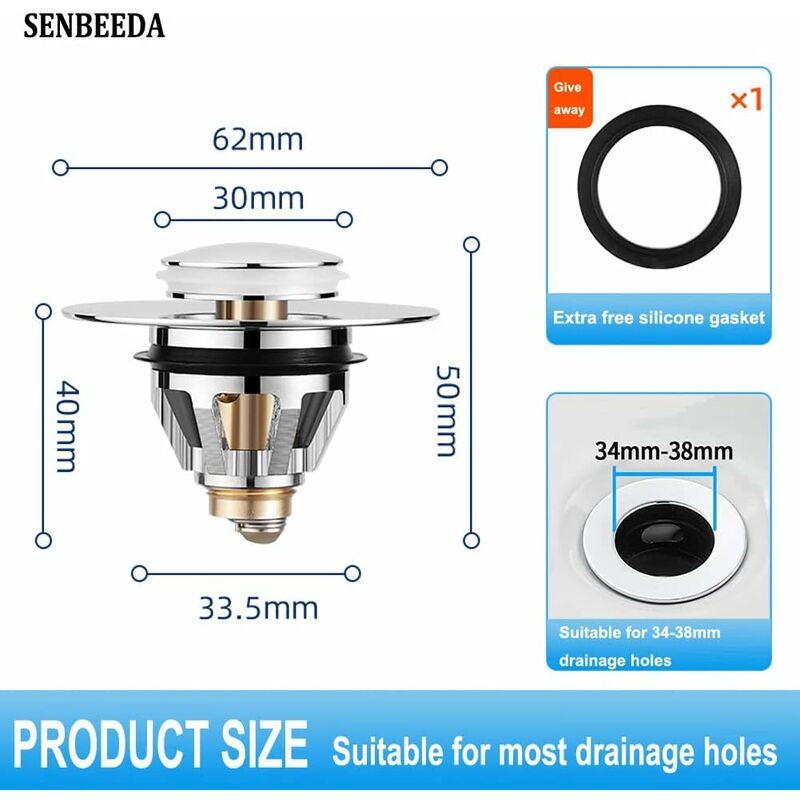 Universal Sink Drain Filter, Anti-Blocked Stainless Steel Sink Plug Push-In Stopper, Sink Plug, Anti-Odor Hair Filter