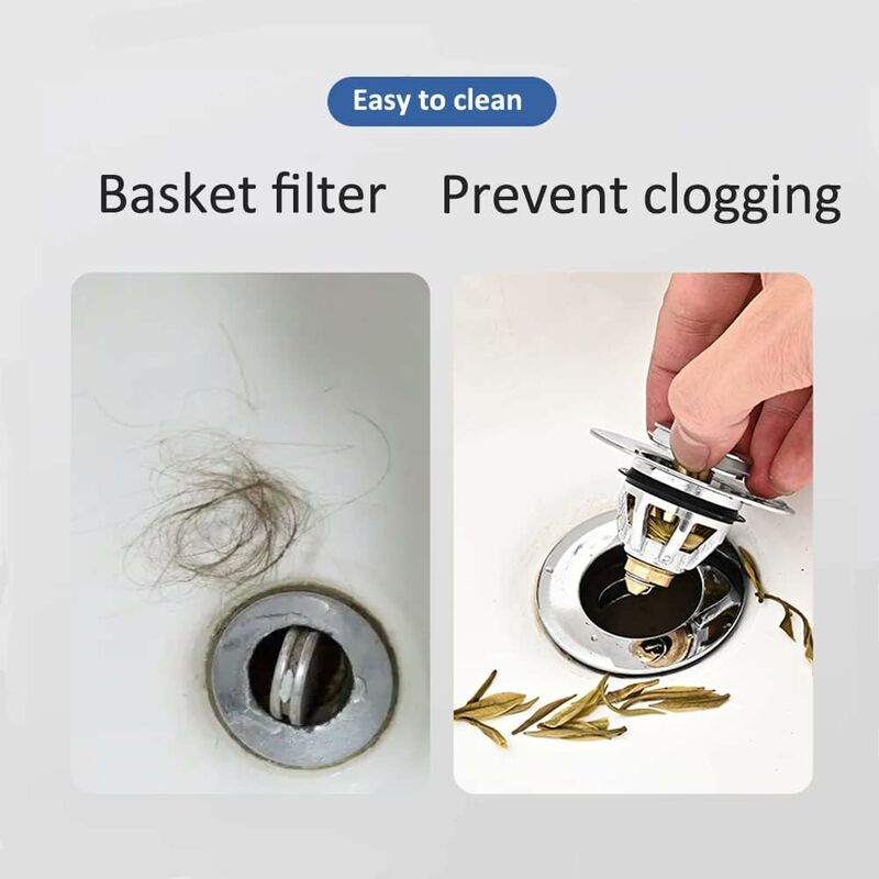 Universal Sink Drain Filter, Anti-Blocked Stainless Steel Sink Plug Push-In Stopper, Sink Plug, Anti-Odor Hair Filter