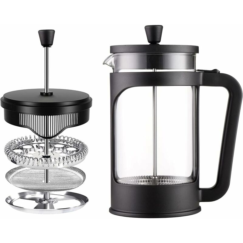 1 Liter/34 Oz French Press Coffee/Tea Maker Heat Resistant Borosilicate Glass, Stainless Steel Filter & Black Lid.