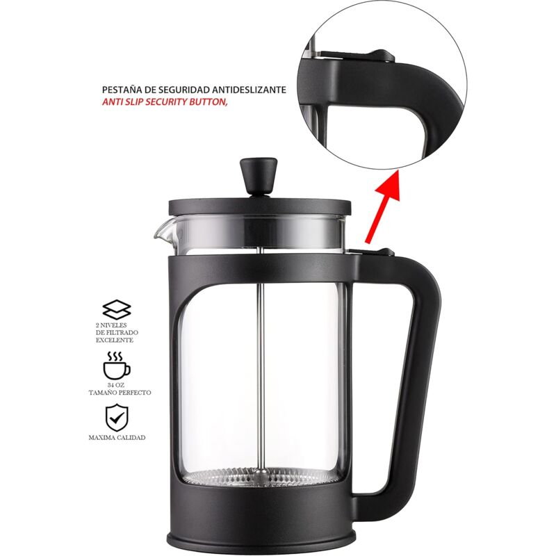1 Liter/34 Oz French Press Coffee/Tea Maker Heat Resistant Borosilicate Glass, Stainless Steel Filter & Black Lid.