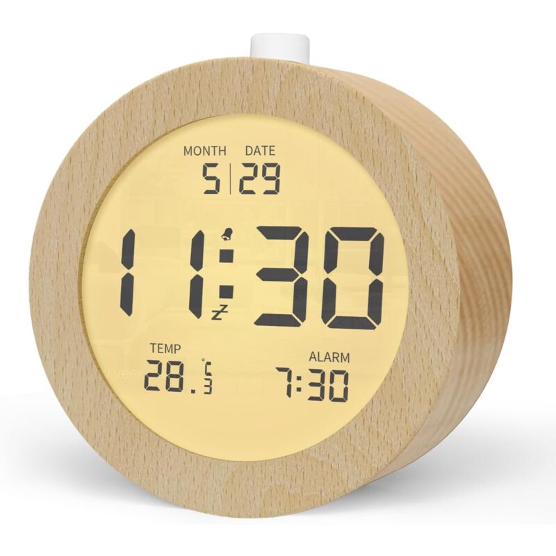 Wooden Digital Alarm Clock, Lcd Digital Clock With DAte, Temperature, Snooze, Backlight, Battery Powered Digital