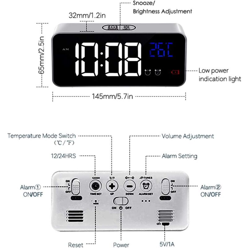 Digital Alarm Clock With Large LED Temperature Display, Portable Mirror Alarm Clock With Dual Alarms (Silver)