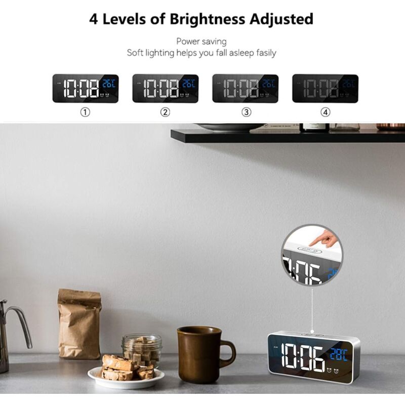 Digital Alarm Clock With Large LED Temperature Display, Portable Mirror Alarm Clock With Dual Alarms (Silver)