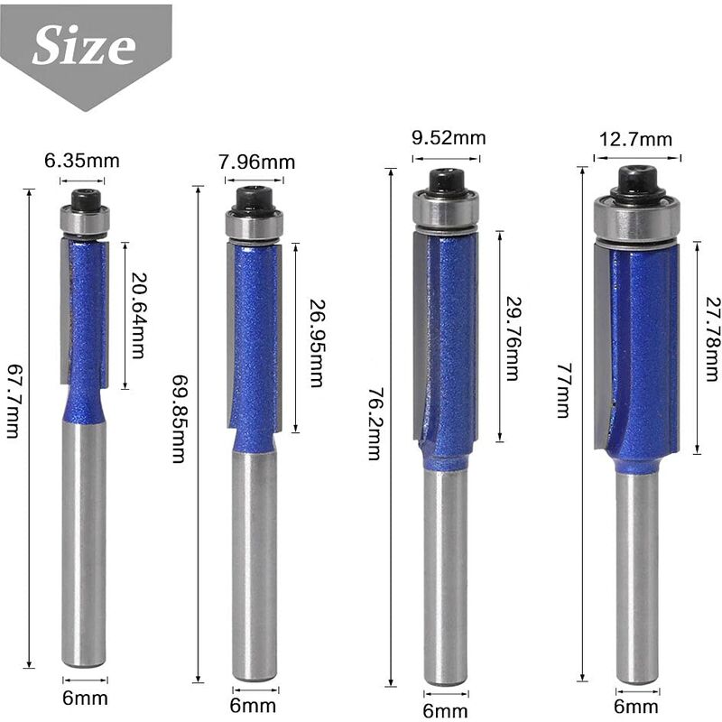 4Pc Flush Trim ROuter Bit Set - 6Mm Shank - Ball Bearings - Grooving ROuter Bit - Wood ROuter Bit - Grooving ROuter Bit