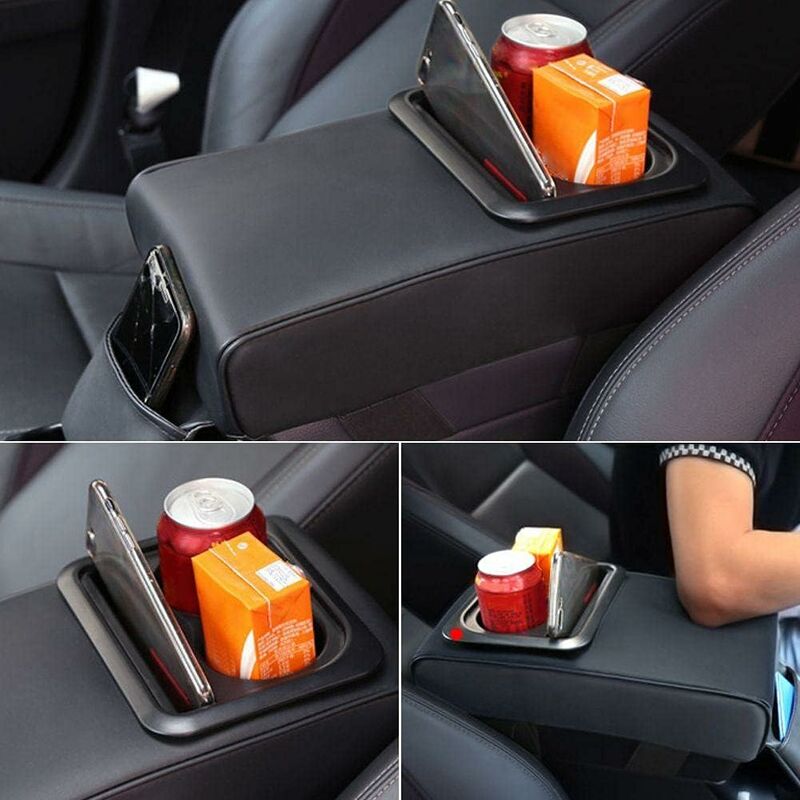 Car Armrest Cushion, Universal Car Center Console Armrest Pillow Pu Leather Memory Foam With Cup Holders And Storage