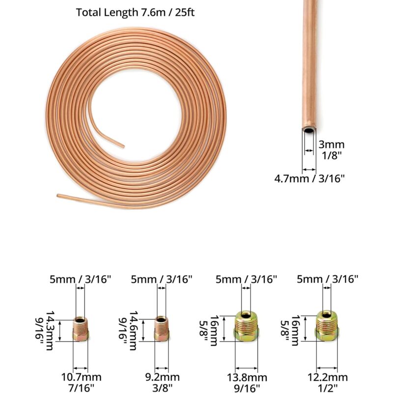 7.6M Brake Copper Hose, Brake Pipe Tube, Od 4.76Mm, Id 3.3Mm With 16 Nuts
