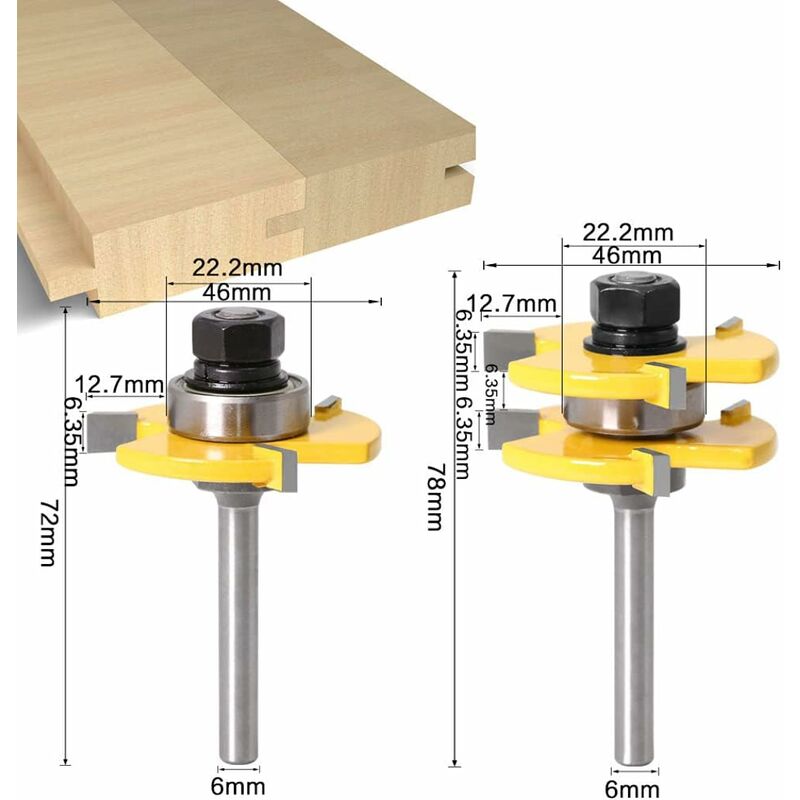 6Mm Shank Matched Tongue And Groove ROuter Bit Set 3 Teeth T Shape Wood Cutter Cutting Woodworking Tool (6Mm)