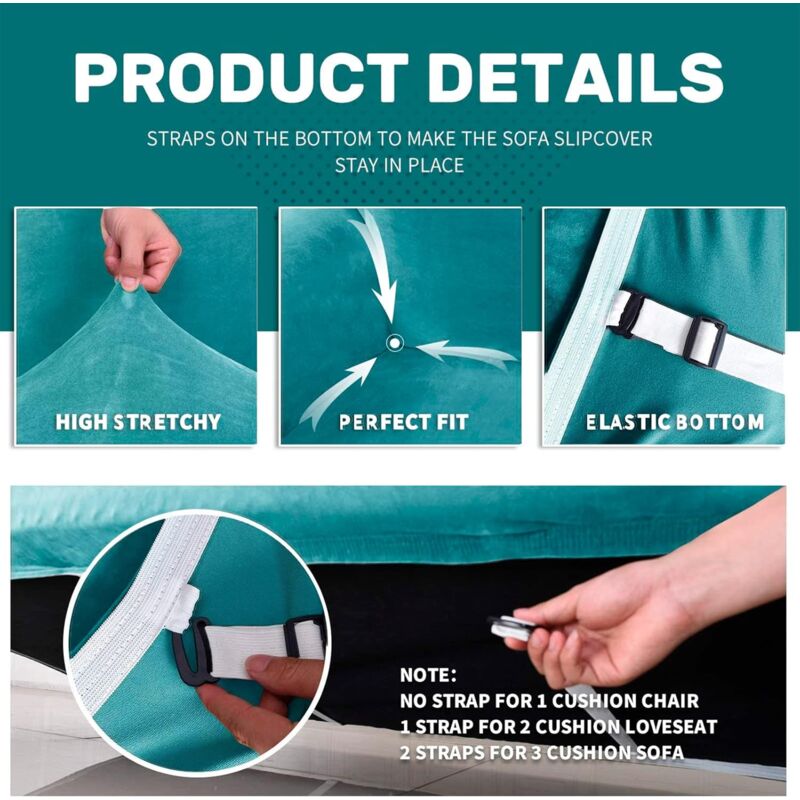 Velvet Sofa Cover 3 Seater Thick Stretch Sofa Slipcovers (3 Seater, Peacock Blue)