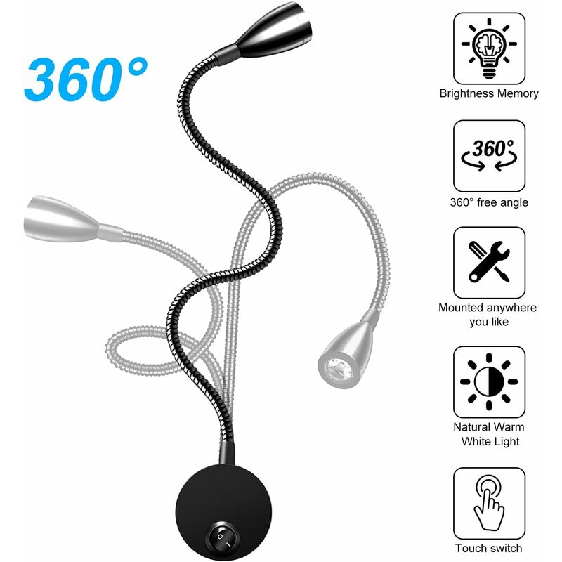 Bedside Wall Lamp 2 Pack Lights Wall Mounted Reading Light LED Gooseneck Light 3W, 6000K Warm White Reading Lamp.