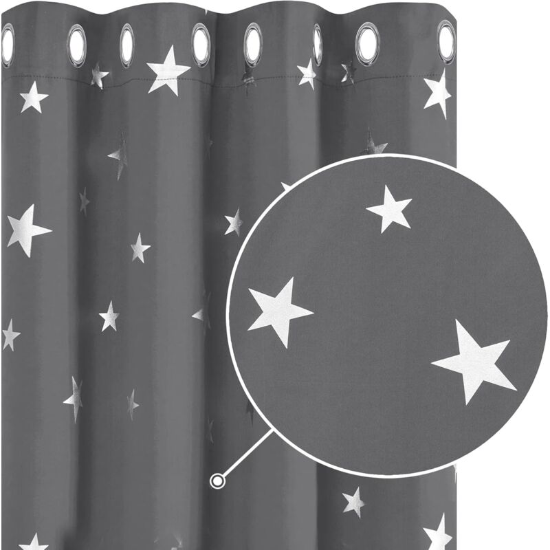 2 pcs Set Thermal Blackout Curtains Anti Cold Silver Star Pattern Eyelet Curtains 132X245Cm Light Grey