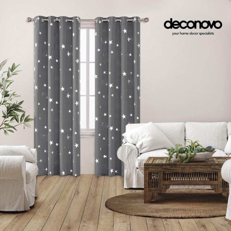 2 pcs Set Thermal Blackout Curtains Anti Cold Silver Star Pattern Eyelet Curtains 132X245Cm Light Grey
