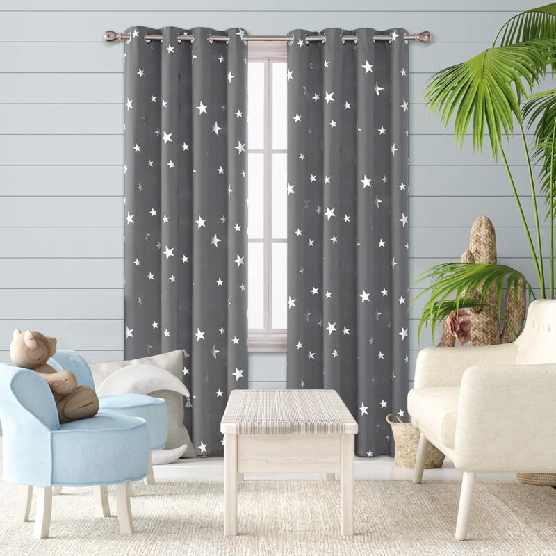 2 pcs Set Thermal Blackout Curtains Anti Cold Silver Star Pattern Eyelet Curtains 132X245Cm Light Grey