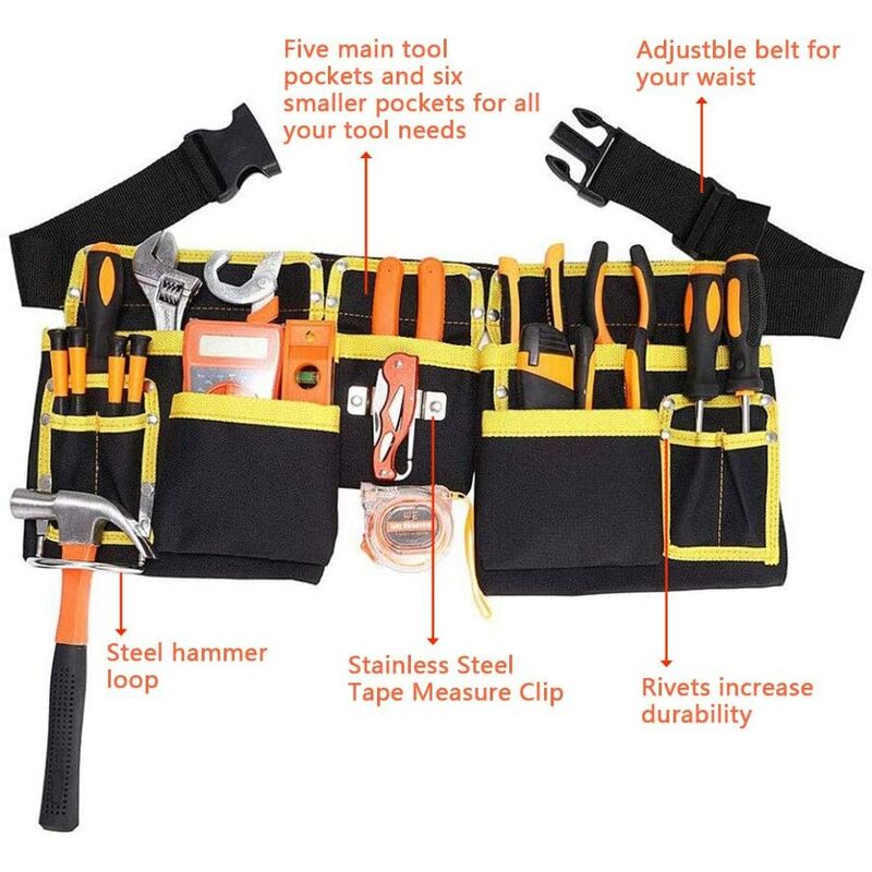 Tool Belt With 11 Pockets, Waterproof Oxford Fabric Tool Holder With Adjustable Straps, For Electricians, Carpenters,