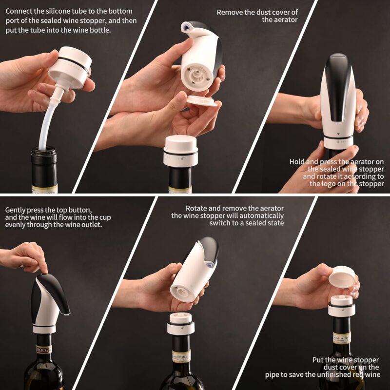 Electric Wine Aerator Pourer Rechargeable 3-In-1 Wine Decanter Dispenser Preserver Penguin Shape Gifts For Wine Lovers,