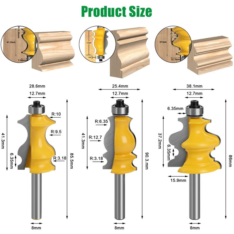 3 pcs 8Mm ROuter Bits, ROuter Bits, Woodworking Tools, Engraving Machines, Cutting Machine Tools, For Cutting Wood (8Mm)