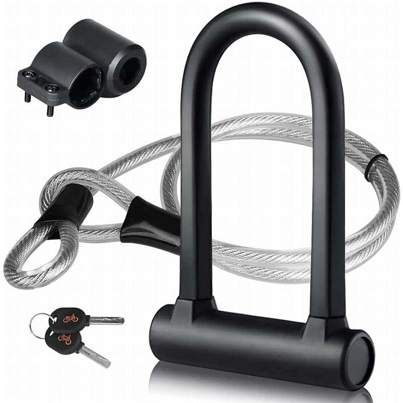 Bicycle U-Lock + Steel Cable Lock With Bracket 2 In 1 Flexible U-Lock Steel Cable
