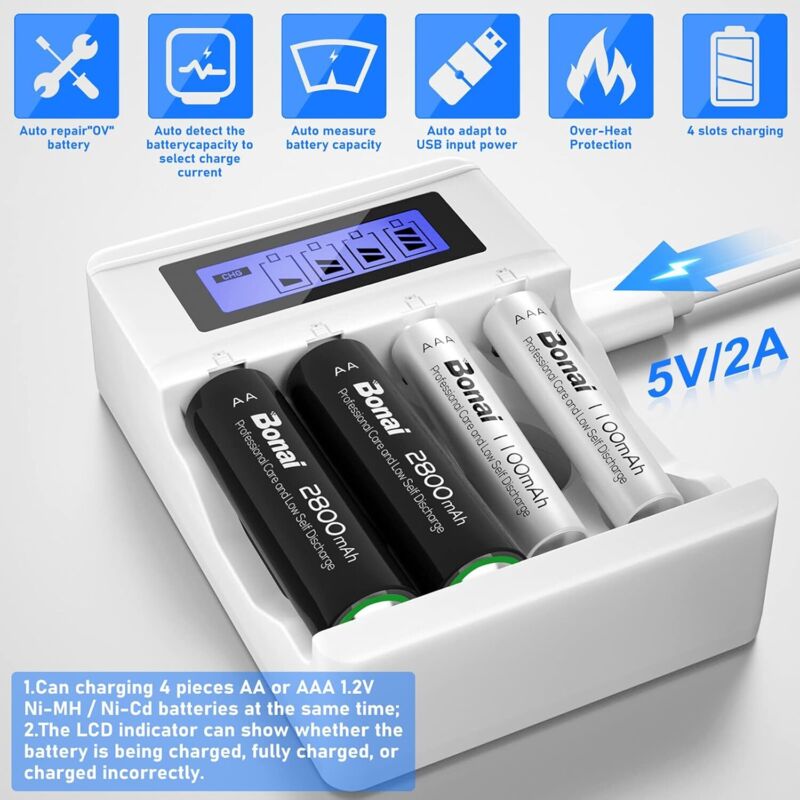 Lcd Fast Battery Charger, 4 Slots Universal Aa/Aaa Battery Charger, For 4 Ni-Mh/Ni-Cd Batteries(Usb Port)