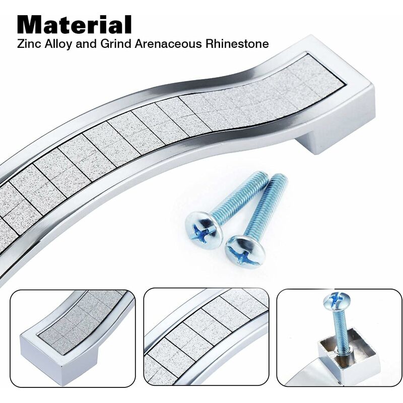 10 pcs Alloy Rhinestone Crystal Drawer Pulls Handles For Dresser Kitchen Cabinet Cupboard, Silver, 96Mm-10 pcs