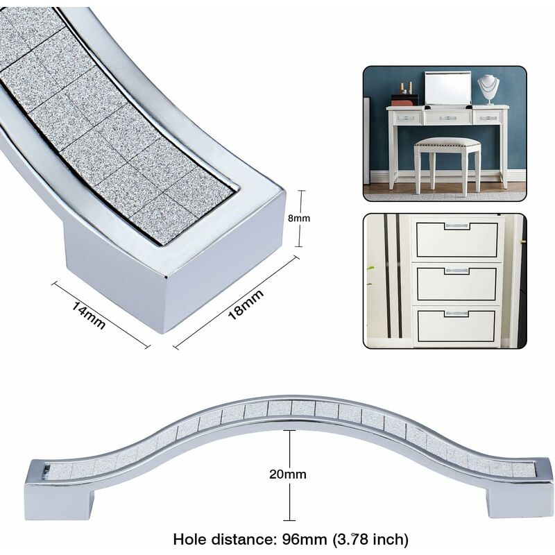 10 pcs Alloy Rhinestone Crystal Drawer Pulls Handles For Dresser Kitchen Cabinet Cupboard, Silver, 96Mm-10 pcs