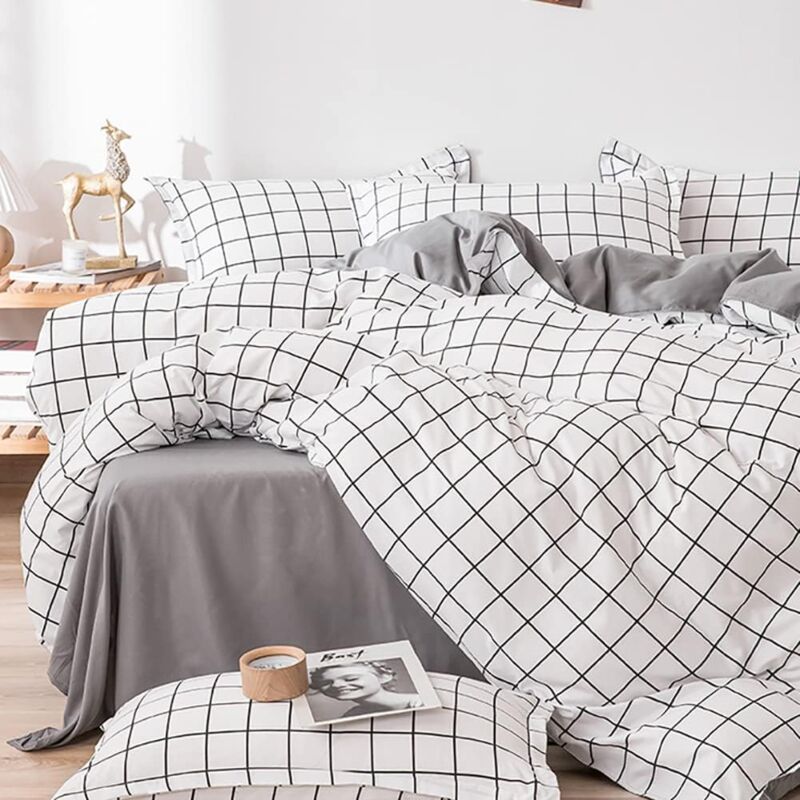 Duvet Cover 200X230 Checkered - Reversible Microfiber Bedding Set White And Grey With Zipper - Adult Bed Linen 2
