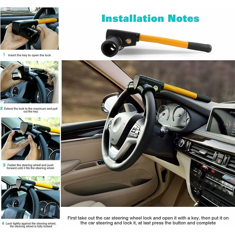 Retractable Car Steering Wheel Lock, Heavy Duty T-Bar Universal Steering Wheel Clamp With 2 Keys For Cars, Trailers,