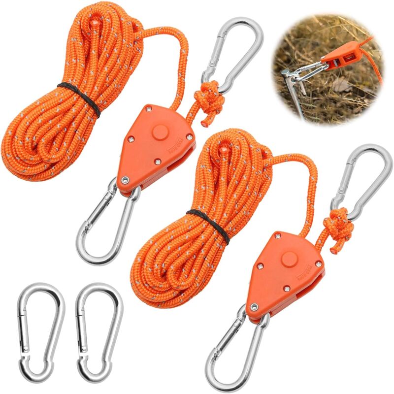2 Pieces 4M Adjustable Ratchet ROpe, Orange 1/8 Ratchet Pulley With 2 Replacement Hooks, Reflective Ratchet ROpe