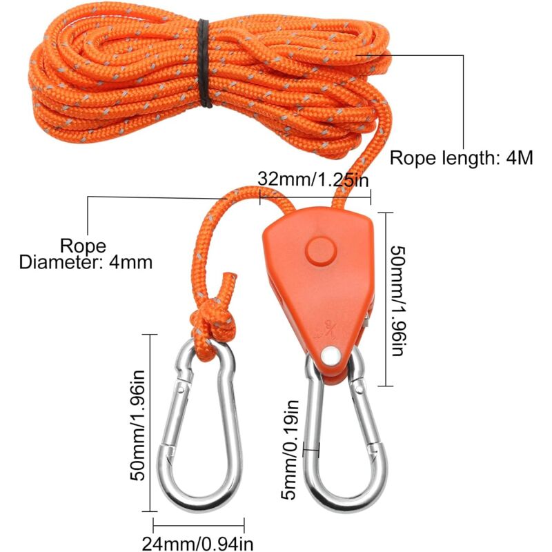 2 Pieces 4M Adjustable Ratchet ROpe, Orange 1/8 Ratchet Pulley With 2 Replacement Hooks, Reflective Ratchet ROpe