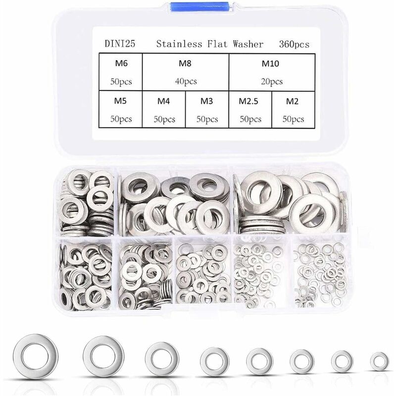 360 pcs Stainless Steel Flat Washers Assortment Kit, M2.5 M3 M4 M5 M6 M8 M10 M12 Metal Washers For Screw Sealing Gasket