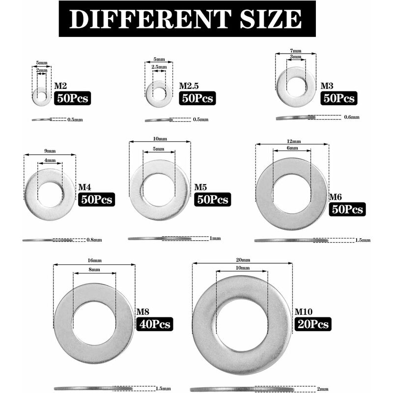 360 pcs Stainless Steel Flat Washers Assortment Kit, M2.5 M3 M4 M5 M6 M8 M10 M12 Metal Washers For Screw Sealing Gasket